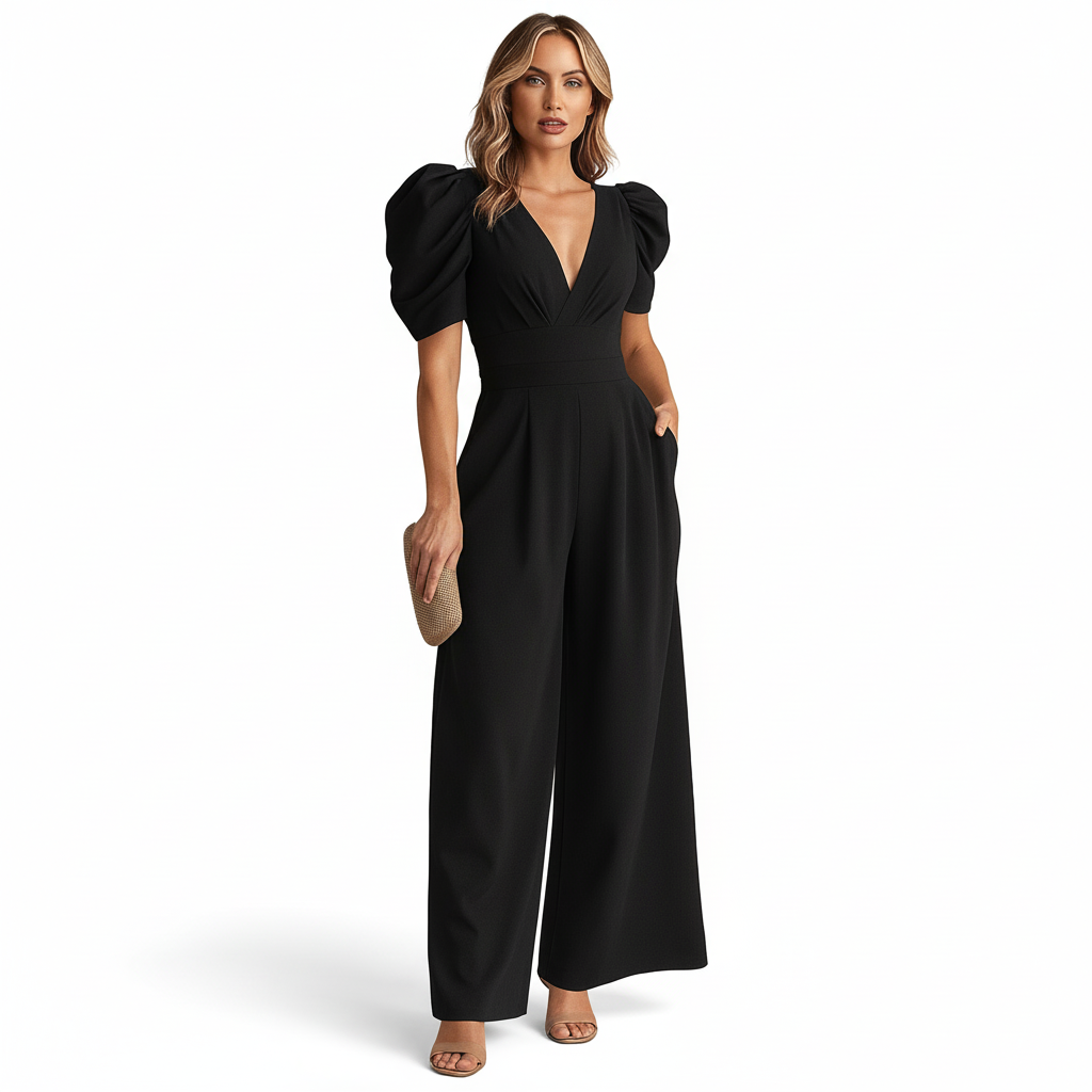 Women’s elegant long jumpsuit back view with refined structure