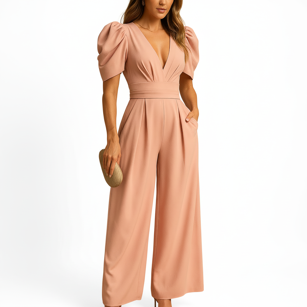 Women’s elegant long tailored jumpsuit front view with flowing silhouette
