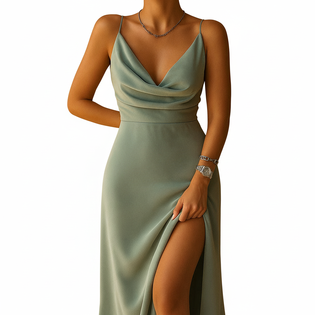 Women’s elegant V-neck maxi dress front view with flowing silhouette