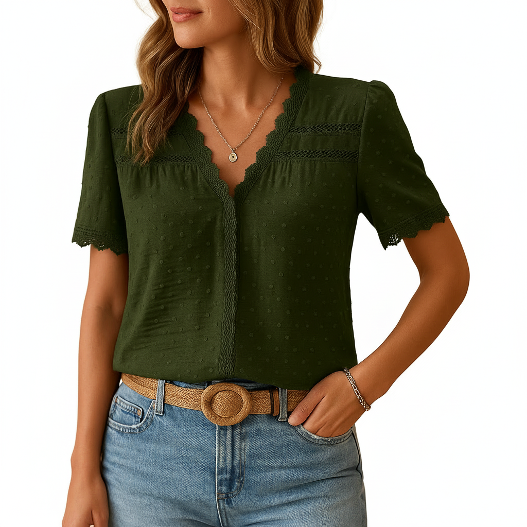 Women’s lace V-neck blouse front view with refined neckline