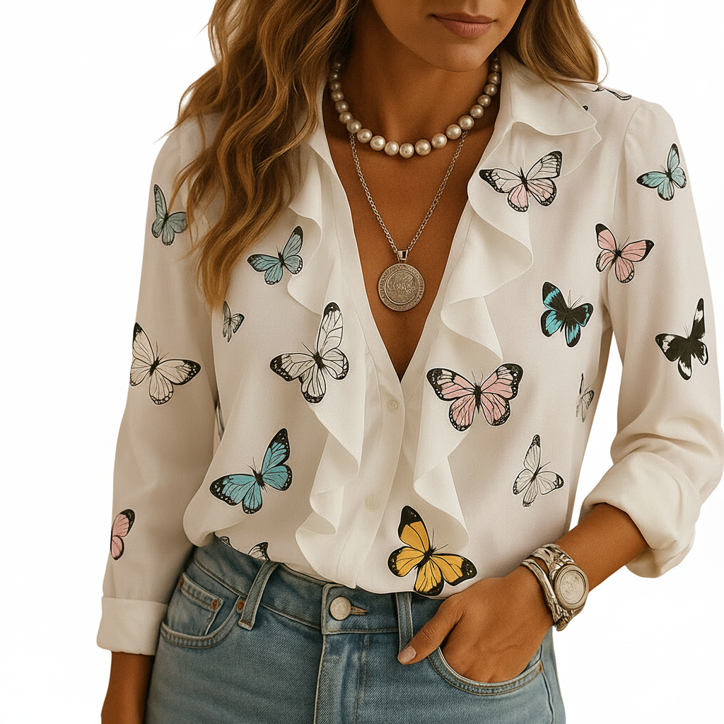 Women’s lightweight butterfly print blouse design