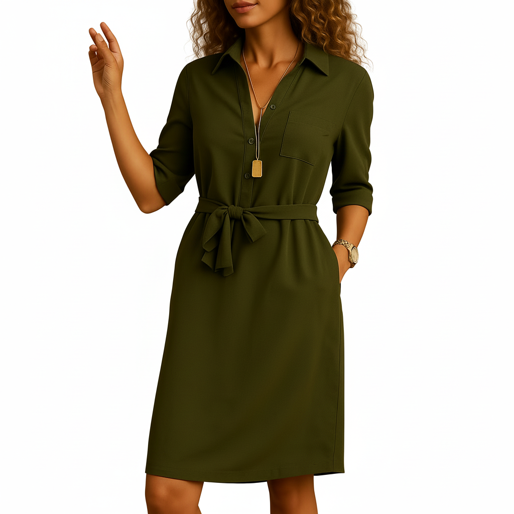 Women’s modern dress side profile with classic silhouette