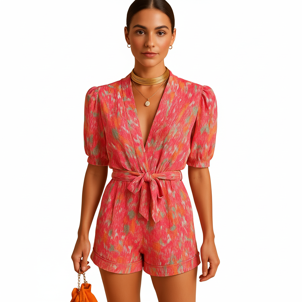 Women’s printed short summer jumpsuit front view with belt
