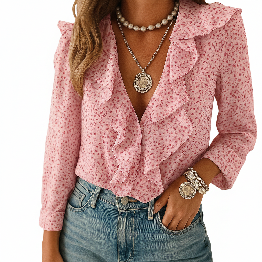 Women’s blouse with ruffle detail and butterfly print