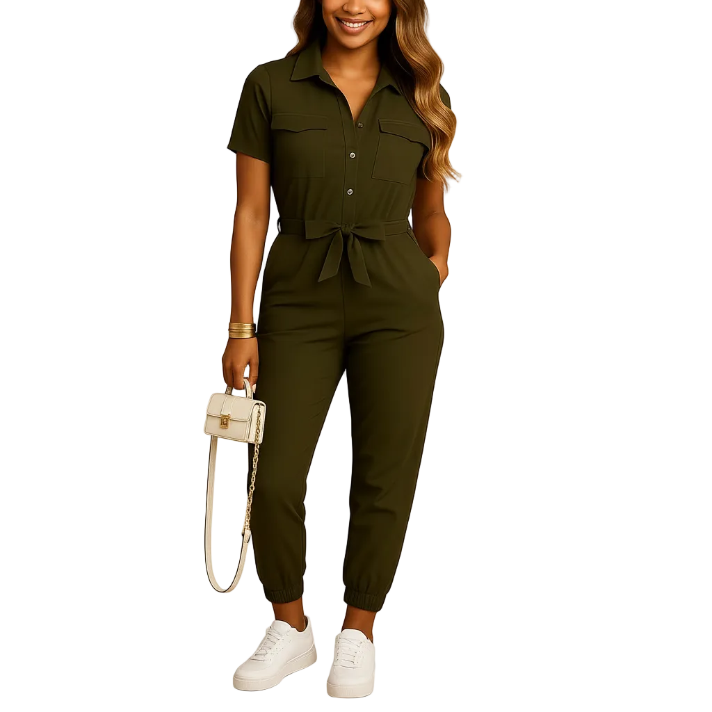 Women’s tailored button-front jumpsuit with elegant structure