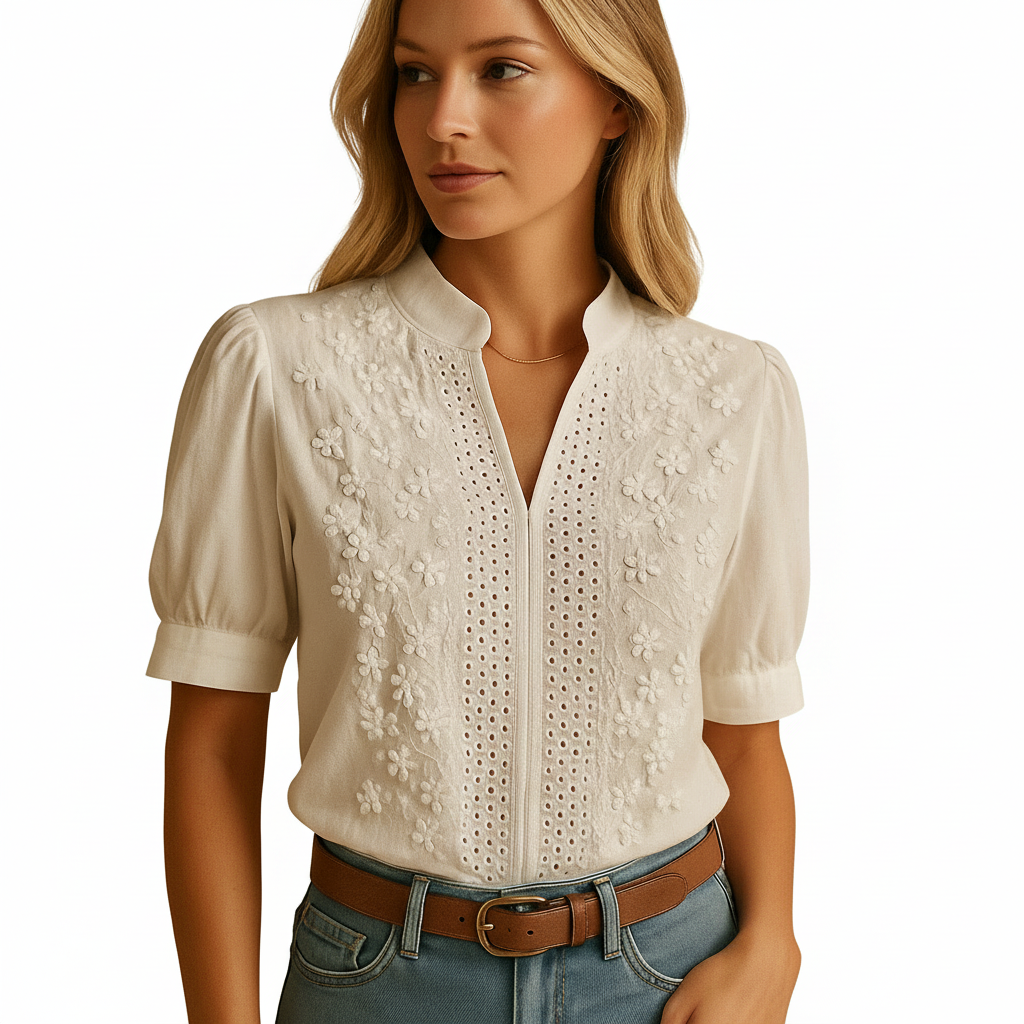 Women’s white long-sleeve button-front blouse front view
