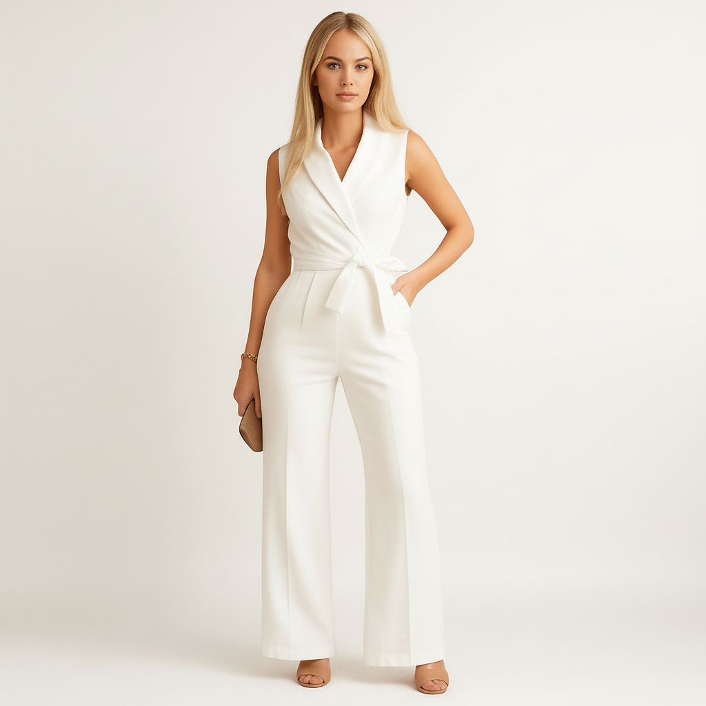 Women’s elegant wrap jumpsuit back view with wide-leg design